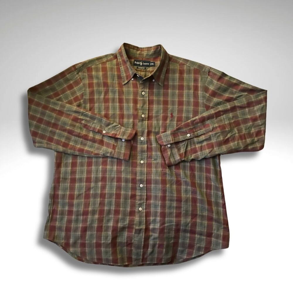 Ralph Lauren Plaid Shirt XL Olive Cranberry Heritage Holiday Preppy Button Down